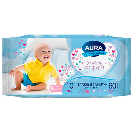 Салфетки влажные 60 шт, для детей, AURA Ultra Comfort, без спирта, ш/к 05152, 8106