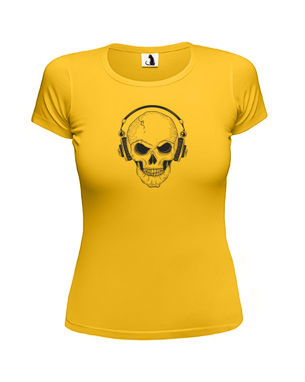 Футболка Череп в наушниках женская приталенная желтая с черным рисунком