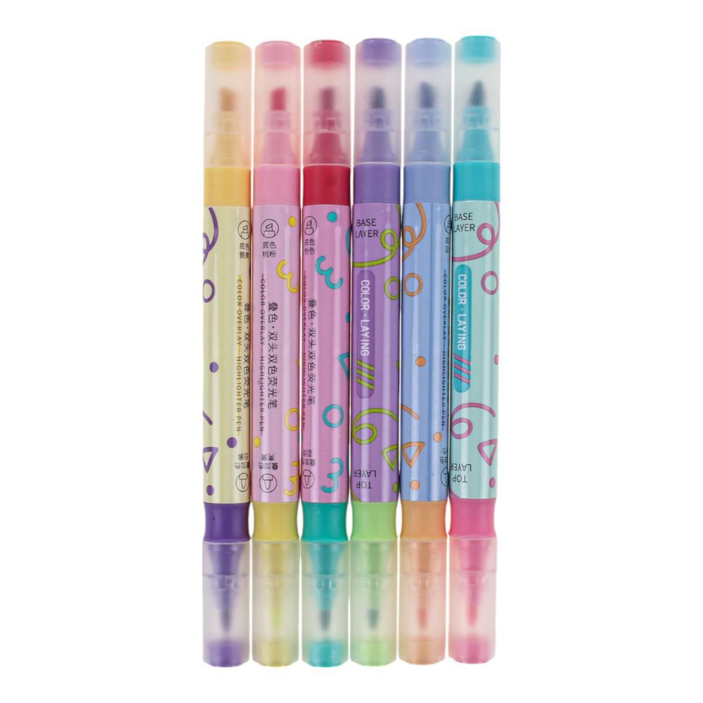 Набор текстовыделителей 6цв. 2-х стор, рисуют друг на друге,в пласт.пенале