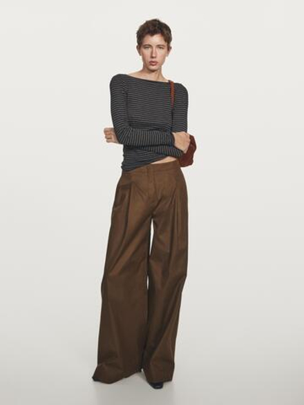 Massimo Dutti Брюки с высокой талией и широкими штанинами, коричневый