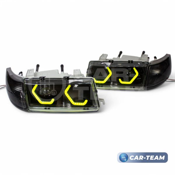 Фары ВАЗ 2110, 2111, 2112 передние в стиле BMW с Bi LED модулями 1,8 дюйма, галочки в цвете Lime (тонированные поворотники)