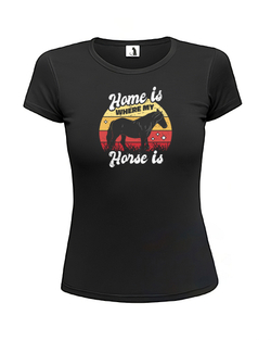 Футболка с лошадью Home is where my horse женская приталенная черная