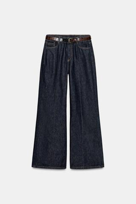 ZARA ДЖИНСЫ Z1975 С ШИРОКИМИ БРЮЧИНАМИ, ВЫСОКОЙ ПОСАДКОЙ И РЕМНЕМ, СИНИЙ