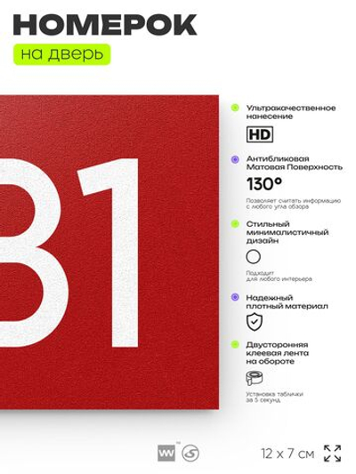 Номер на дверь 981, табличка на дверь для офиса, квартиры, кабинета, аудитории, склада, красная 120х70 мм, Айдентика Технолоджи