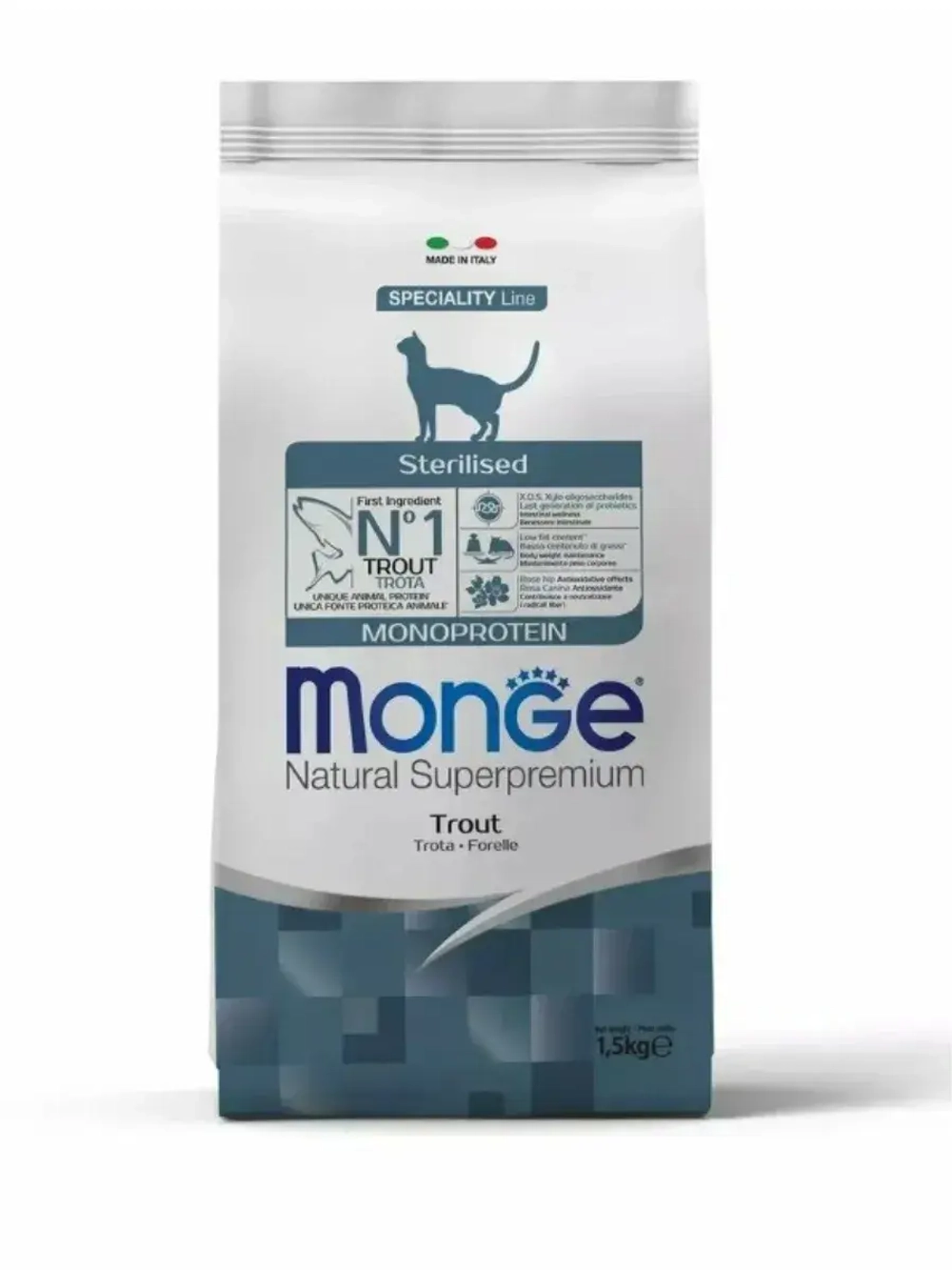 Monge Cat Speciality Line Monoprotein Sterilised (Монж Кэт Стерил) корм для стерилизованных кошек с форелью 1,5 кг.