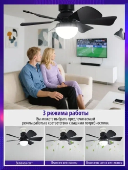 Люстра вентилятор 45W Матовая черная Диммер E27