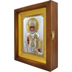 Николай Чудотворец Угодник Божий. Икона в серебряном окладе, в деревянном киоте