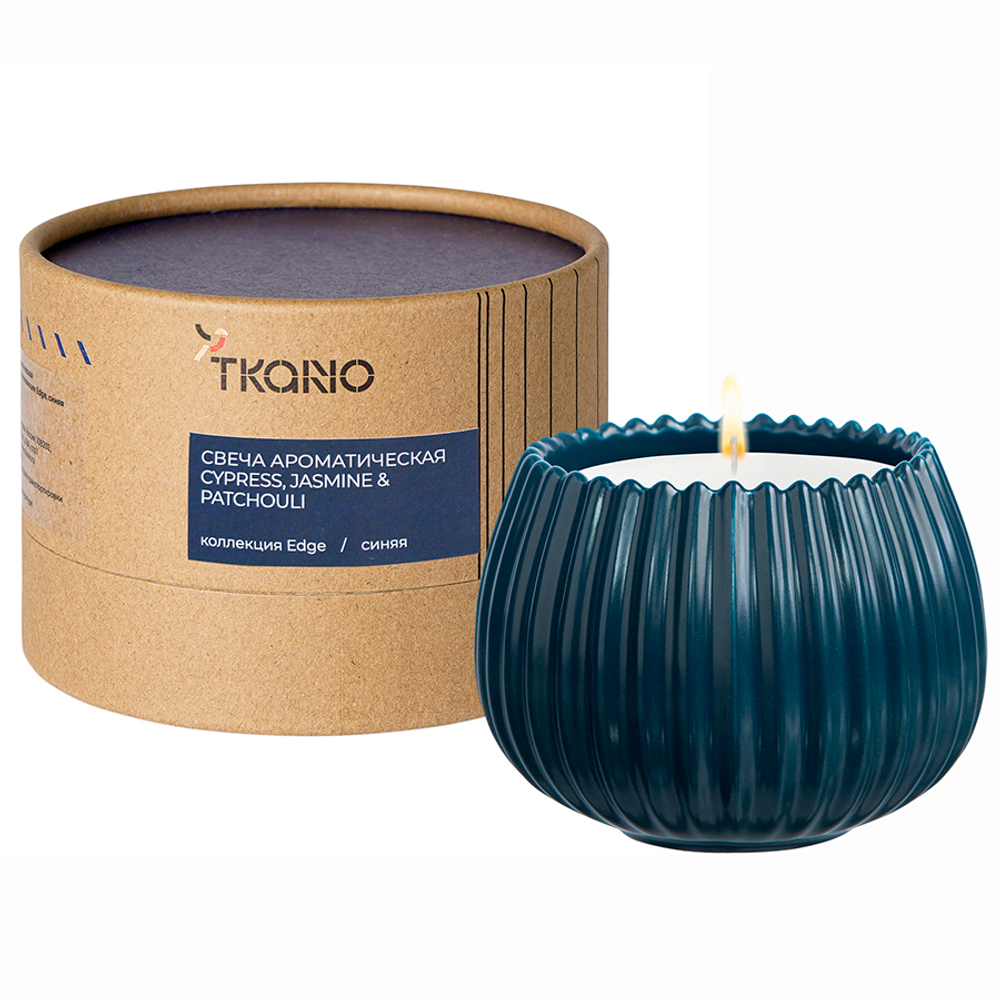 Свеча ароматическая Tkano Edge Cypress Jasmine & Patchouli синяя 30ч