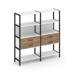 Shelf System Двухсекционный стеллаж четырехярусный с ящиками SN.STM-422 Белый/Дуб Табак/Металл Черны