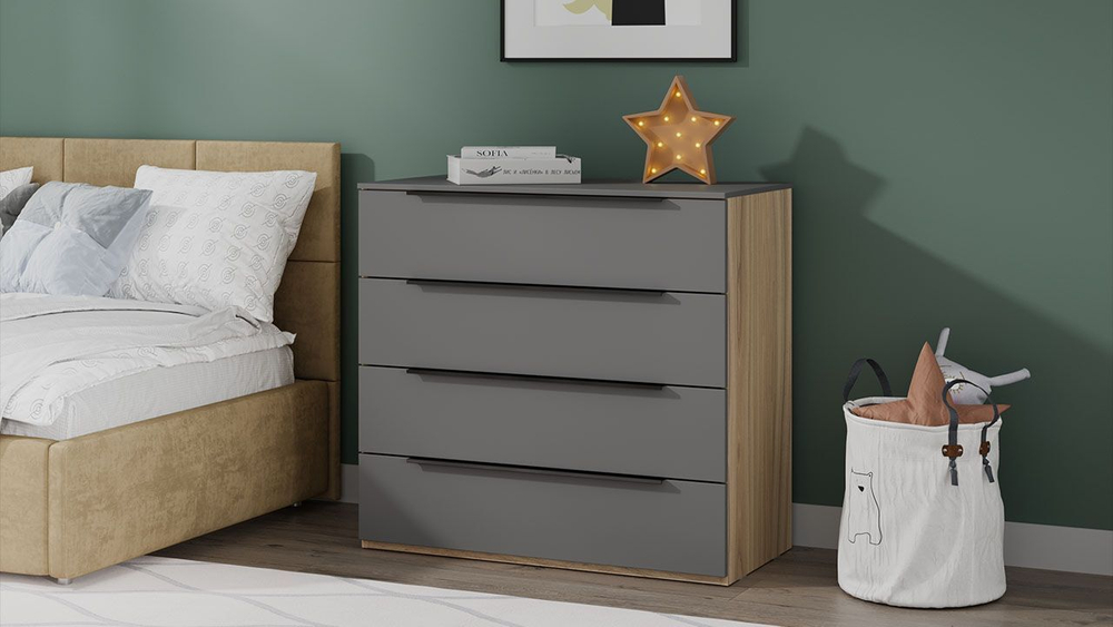 Комод для одежды с ящиками Яблоня Беллуно/Графит софт 4 ящика 90х45х84 см