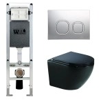 Унитаз подвесной WeltWasser AMBERG 350 ST + MERZBACH 043 GL-BL + AMBERG RD-MT CR черный глянцевый, безободковый, с крышкой микролифт, слив-торнадо, с инсталляцией и кнопкой хром матовый