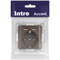Розетка Intro Accent 6-410-08 с заземлением 2P+E Schuko со шторками 16А-250В + 2хUSB IP20 СУ бронза | Intro