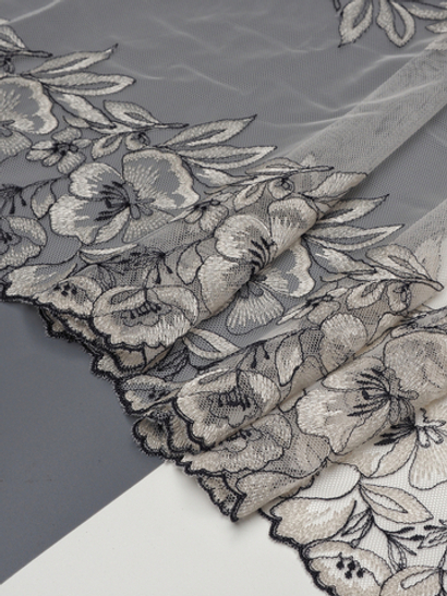 Кружево вышивка на сетке экрю с черным неэластичная ширина 36 см