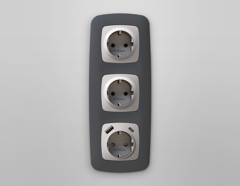 MO410010 Комплект механизма электрической розетки OMEGA Серебро глянец 2USB A+C 20W (быстрая зарядка) с/з QUANT (OP4100, VM160)