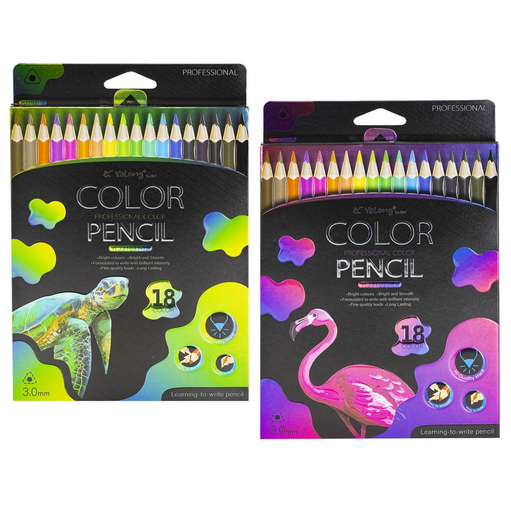 Карандаши цветные Yalong 18 цв., "Неоновые животные" (птицы,рыба,черепаха) деревянные, трехгранные, заточенные, грифель 3.0 мм, картон. уп., европод.