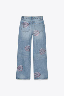 ZARA ДЖИНСЫ TRF СВОБОДНОГО КРОЯ СО СРЕДНЕЙ ПОСАДКОЙ И СТРАЗАМИ, СИНИЙ