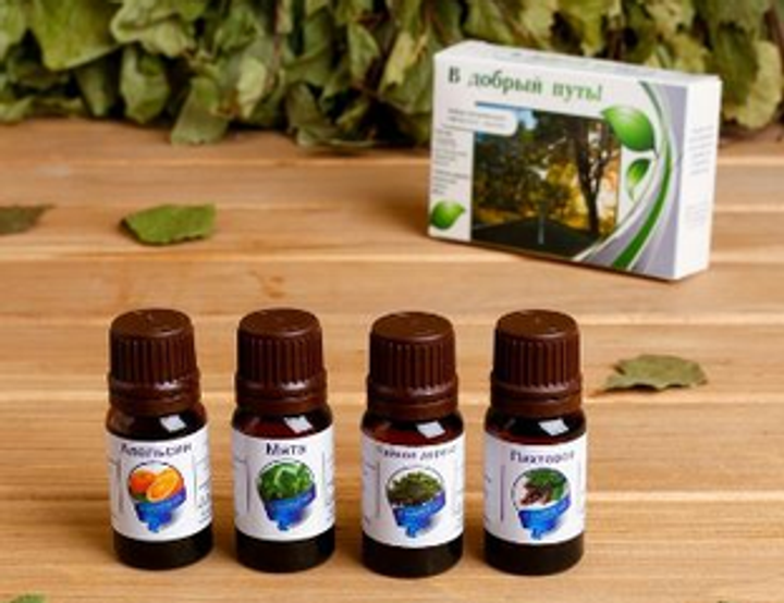 Набор эфирных масел В добрый путь: Мята, Пихта, Чайное дерево, Апельсин, 4x10 мл