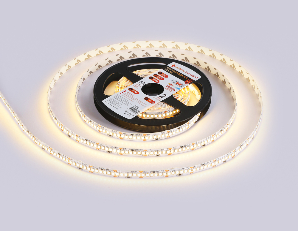 Светодиодная лента GS1501 2835 240Led/ 19.2W m/ 12V IP20 3000K/ 5000*10*1.2mm/ кратность резки 25mm (2 конт.)