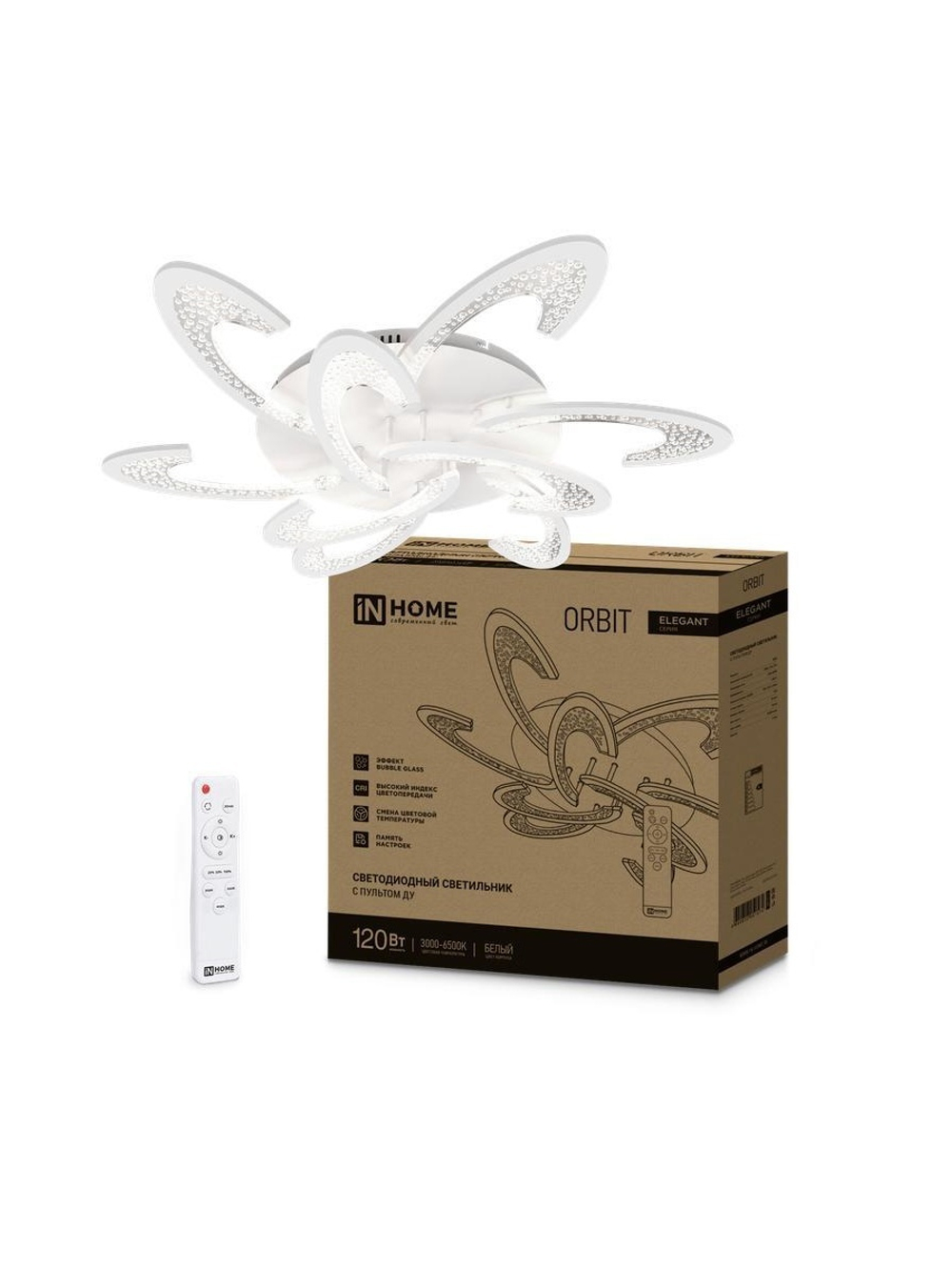 Светильник светодиодный ELEGANT ORBIT 120Вт 3000-6500К 8400лм 230В 925х810х120мм с пультом ДУ бел. IN HOME 4690612051574