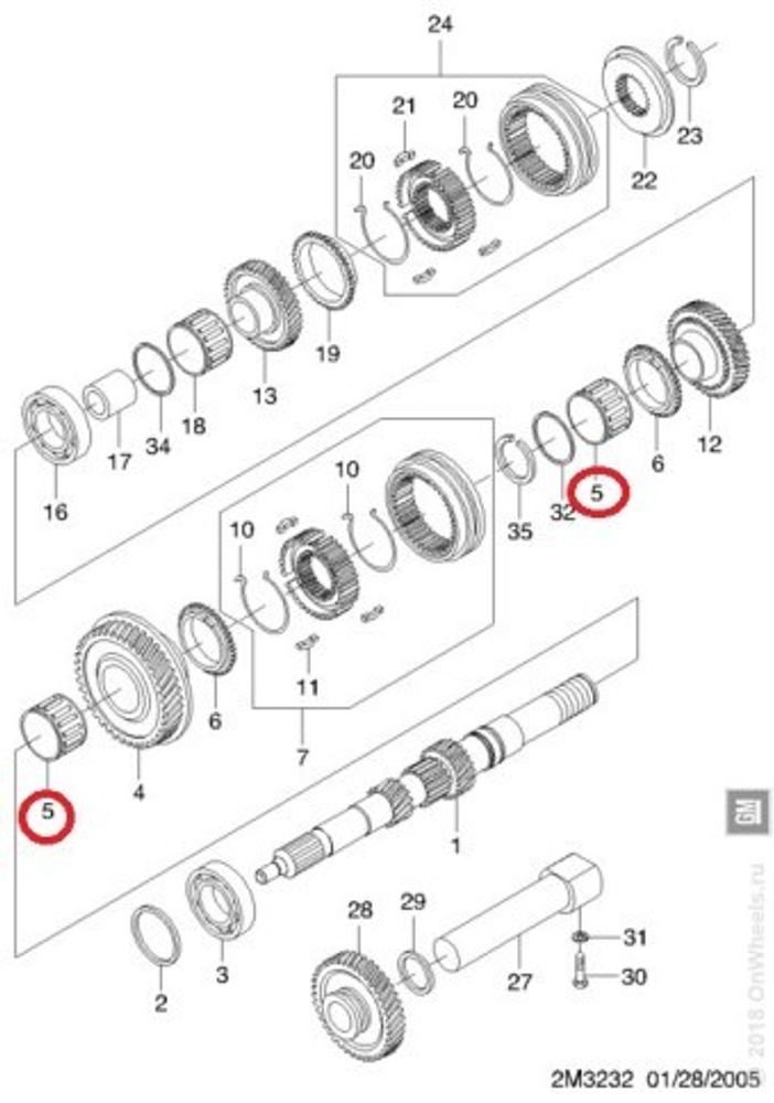 Кор. Chevrolet Aveo Spark Daewoo Matiz Gentra Подшипник КПП 3,4 передачи перв. вала (игольч.) (General Motors)