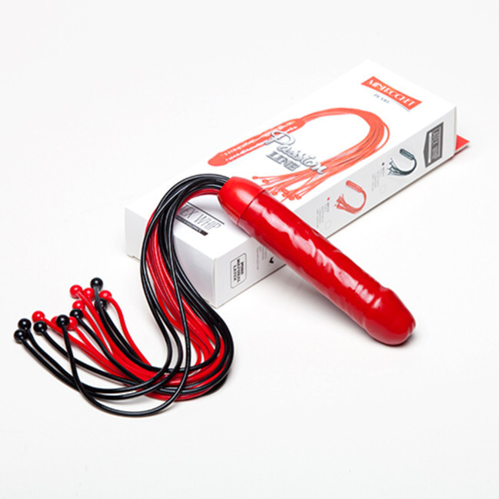 Чёрно-красный фаллос-плетка Mini Rocket с шариками на конце хвостов (Цвет: черный с красным)