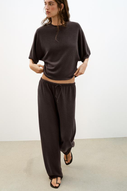 ZARA БРЮКИ WIDE-LEG ИЗ ТКАНИ С ЭФФЕКТОМ РУСТИК, ТЕМНО-КОРИЧНЕВЫЙ
