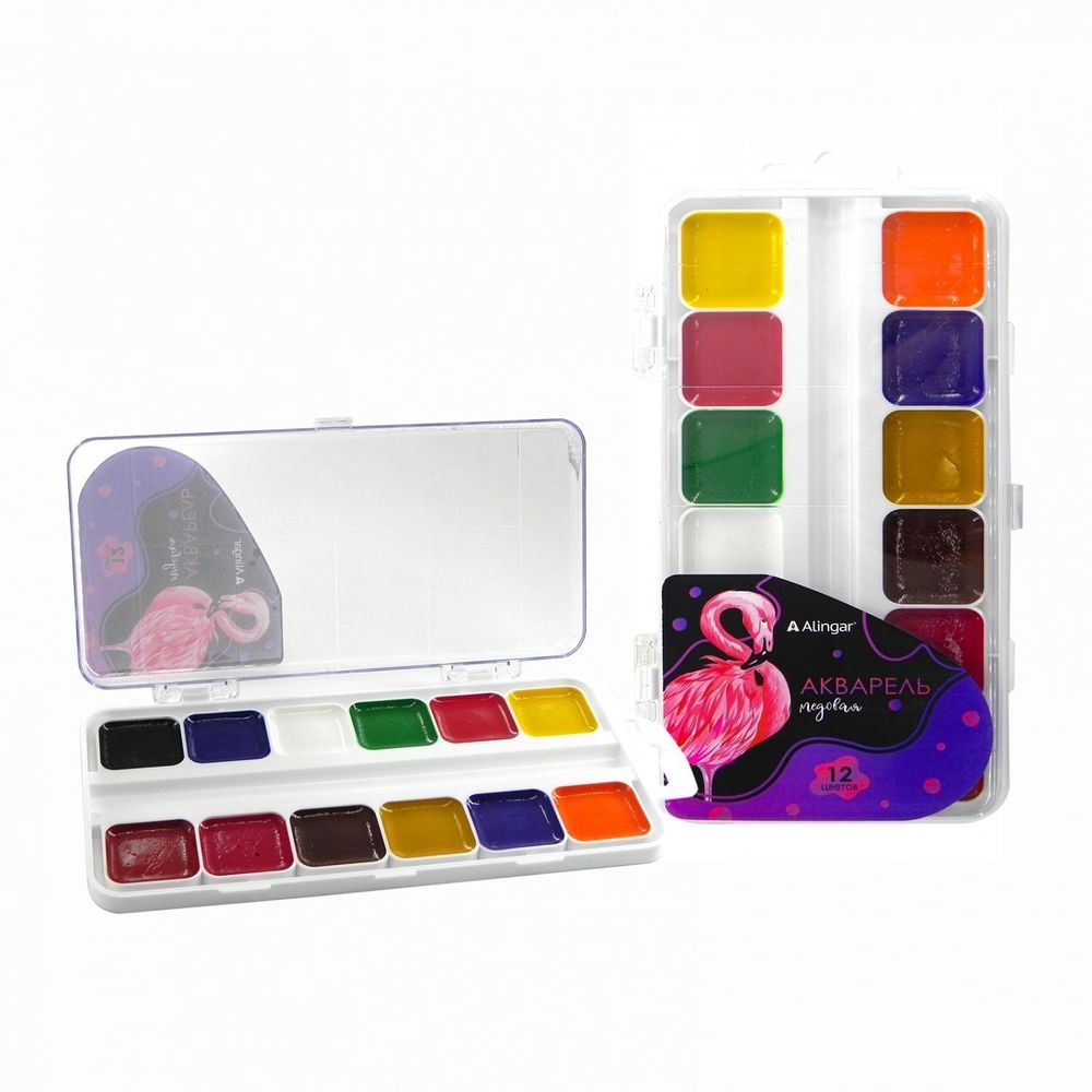 Акварель Alingar медовая, 12 цветов, без кисти, пластик, европодвес, &quot;Фламинго&quot;