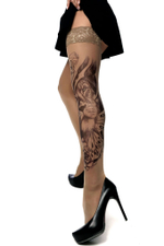 Чулки с принтом-тату в виде льва на левой ножке (Размер: S-M-L) (Цвет: бежевый)