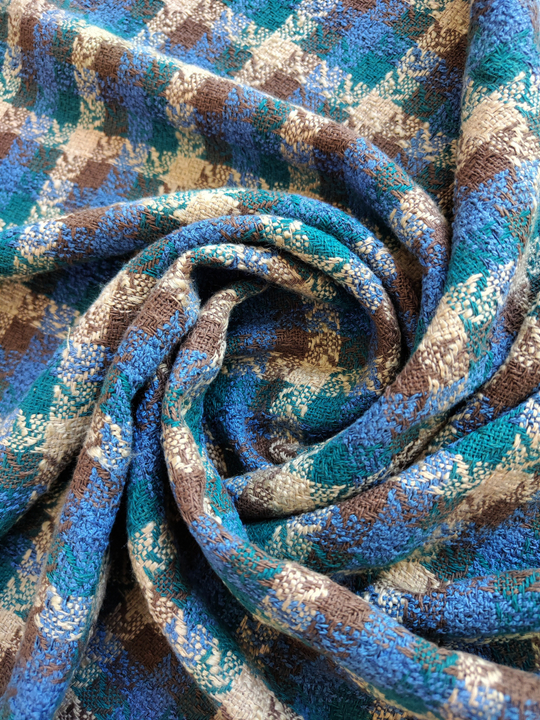 Твид шанель, клетка, зеленый/синий/беж, хлопок, вискоза