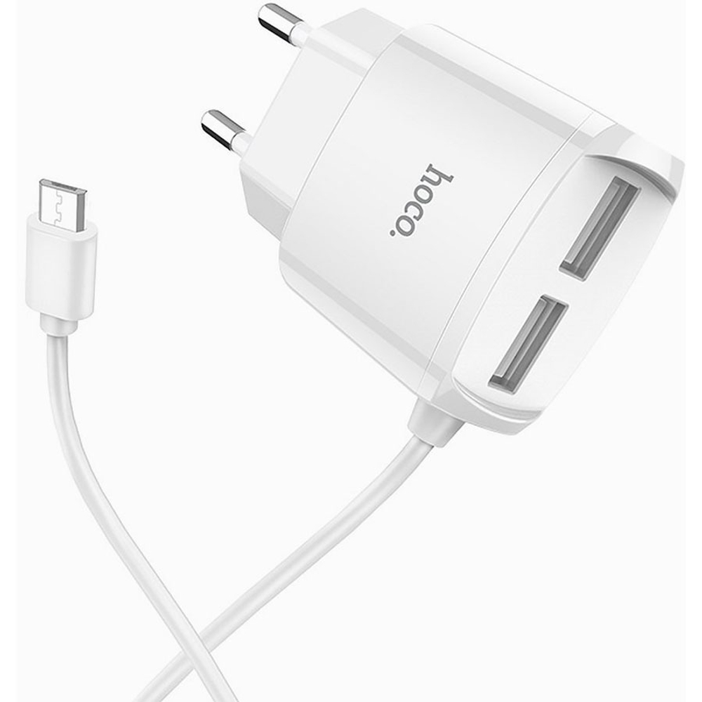 СЗУ USB Hoco C59A (12W, 2 порта, кабель MicroUSB) Белый
