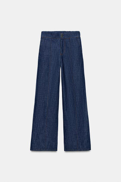 ZARA БРЮКИ ПРЯМОГО КРОЯ ИЗ СМЕСОВОГО ЛЬНА, ИНДИГО