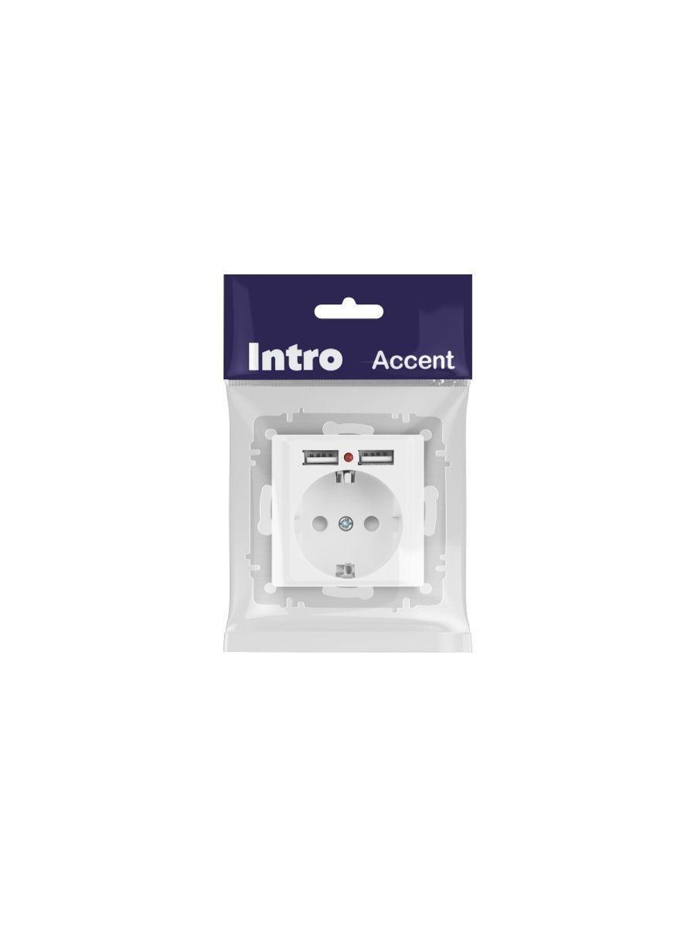 Розетка 1-м СП Accent 6-410-01М 16А IP20 250В P+E Schuko защ. шторки + 2хUSB бел. матов. Intro Б0063691