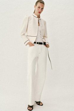 ZARA ПРИТАЛЕННЫЙ БЛЕЙЗЕР С КОНТРАСТНОЙ ОТДЕЛКОЙ, ЭКРЮ