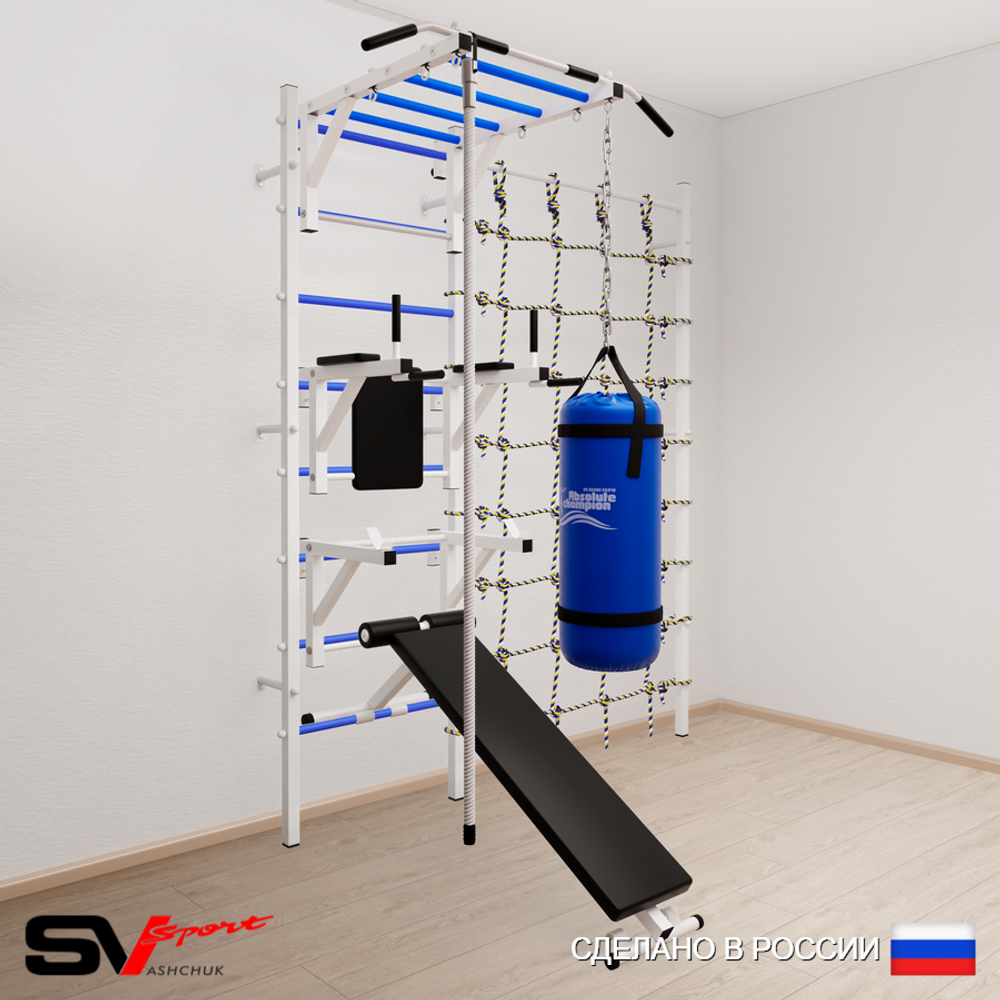 Шведская стенка Sv Sport усиленная 66020 (Турник рукоход/Брусья/Стойка/Скамья/Канат/Цепь/Мешок 22кг/Канатный лаз)