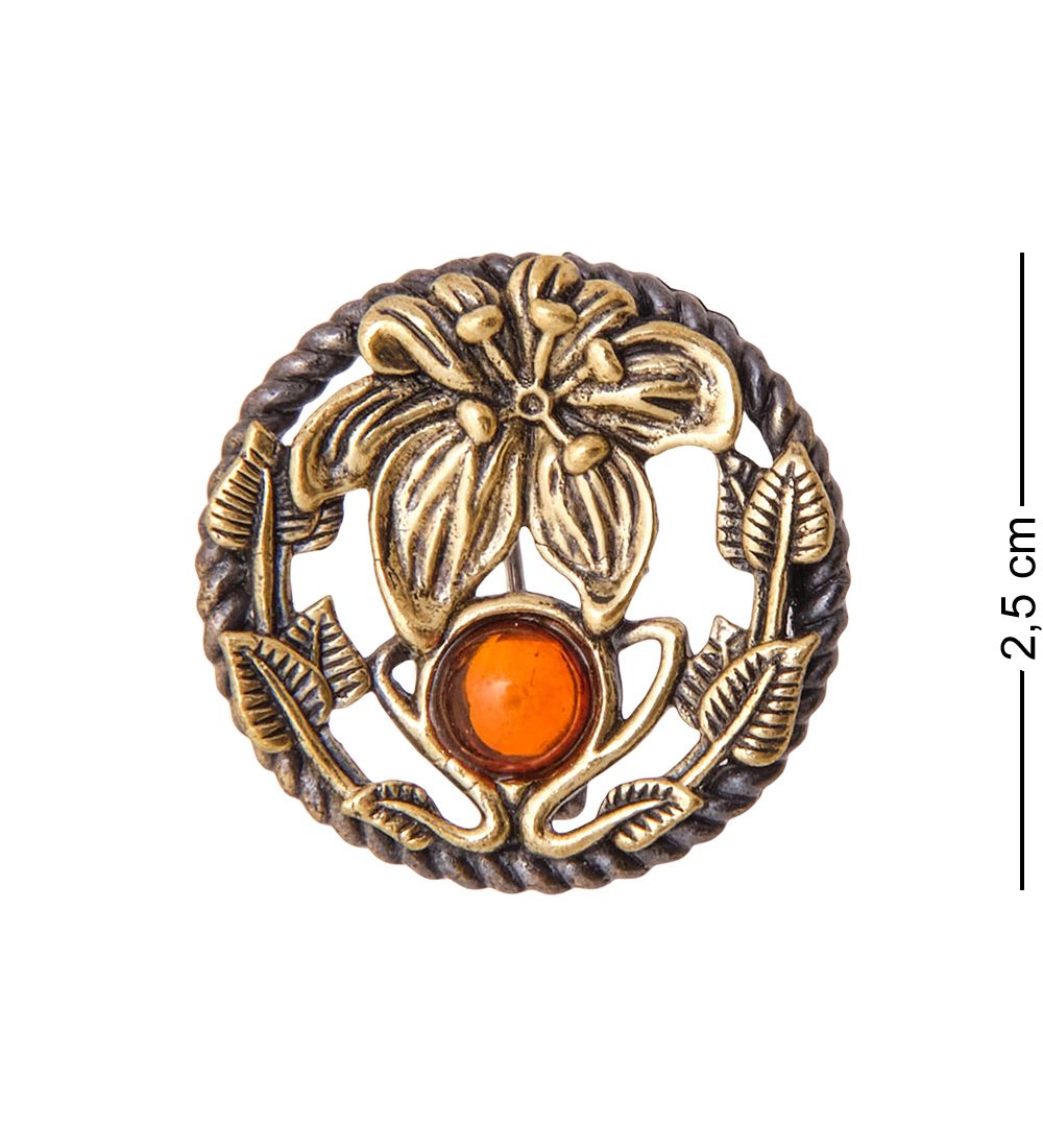 AM-3523 Брошь «Цветок Круг» (латунь, янтарь)