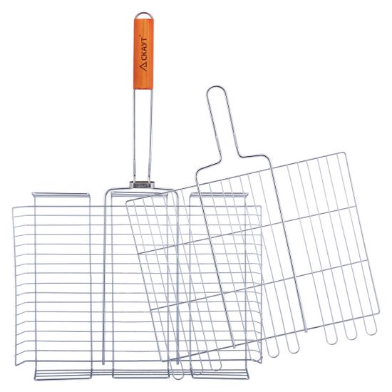 Решетка для гриля глубокая 42,5х32х7 см. из хромированной стали СКАУТ СК-0706 с деревянными ручками