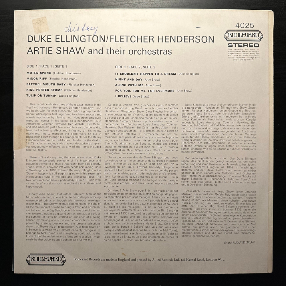 Duke Ellington, Fletcher Henderson, Artie Shaw And Their Orchestras (Европа 1971г.)