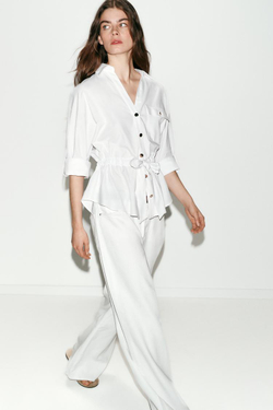 ZARA РУБАШКА САФАРИ ИЗ ПОПЛИНА, БЕЛЫЙ