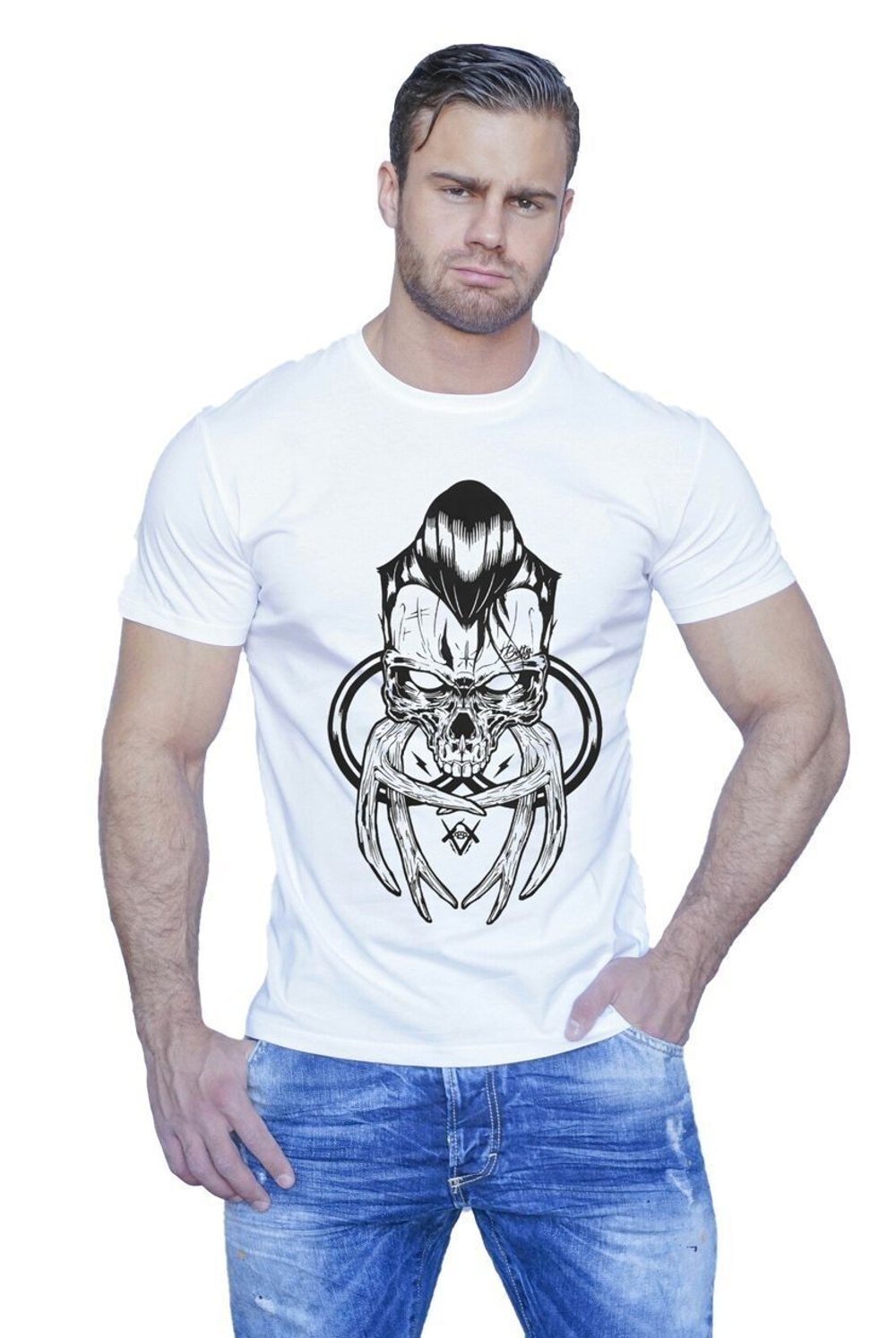 Мужская футболка с принтом в виде черепа с бивнями (Размер: XL) (Цвет: белый)