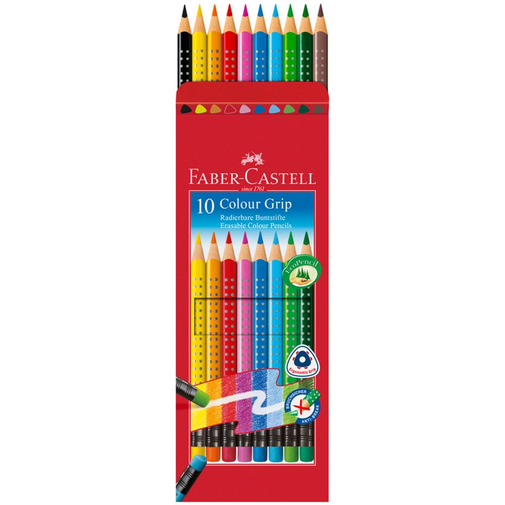 Карандаши цветные стираемые Faber-Castell "Grip", 10цв., заточен., картон, европодвес