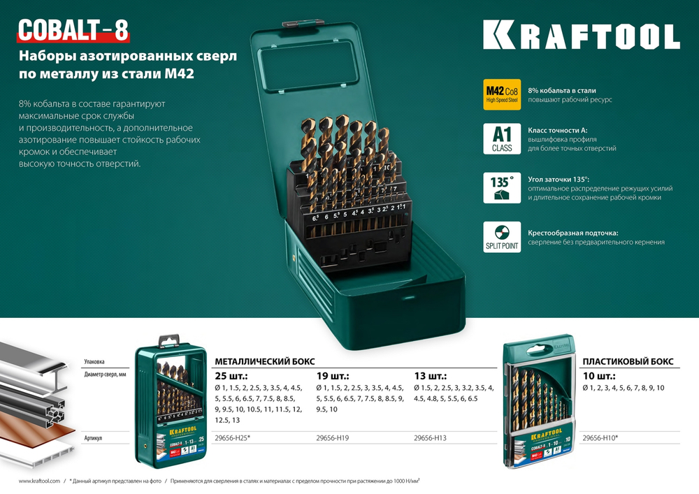 KRAFTOOL COBALT-8, 13 шт, (1.5-6.5 мм), сталь М42, HSS-Co(8%), набор сверл по металлу (29656-H13)