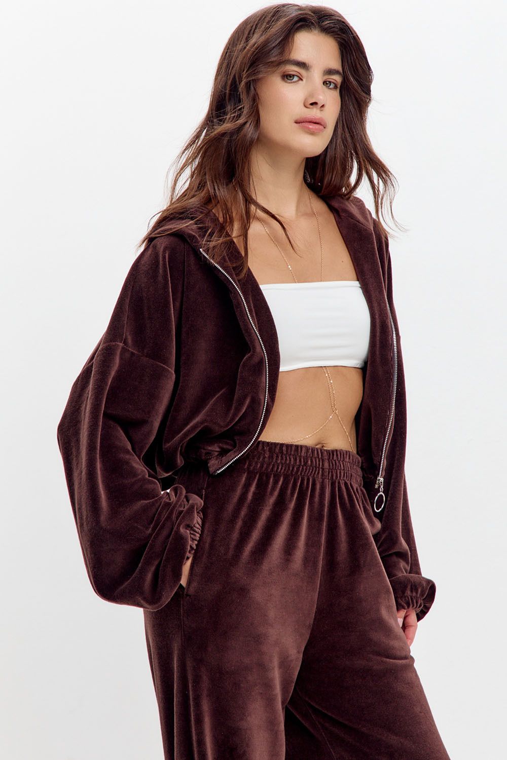 Худи на молнии из велюровой ткани шоколадного цвета