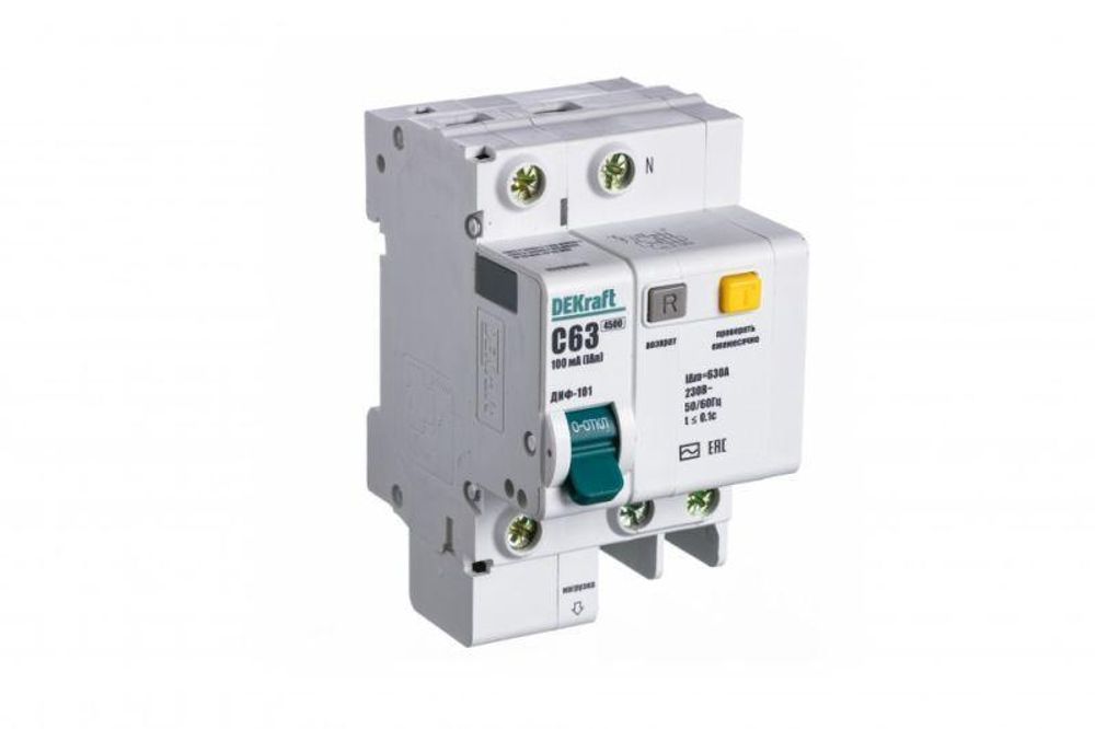 Выключатель автоматический дифференциального тока 2п (1P+N) C 63А 100мА тип AC ДИФ-101 со встроен. защит. от сверхтоков DEKraft 15208DEK Выключатель автоматический дифференциального тока 2п (1P+N) C 63А 100мА тип AC ДИФ-101 со встроен. защит. от сверхтоков DEKraft 15208DEK