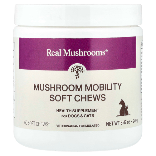 Real Mushrooms, Mushroom Mobility, мягкие жевательные таблетки, для собак и кошек, 60 жевательных таблеток, 240 г (8,47 унции)