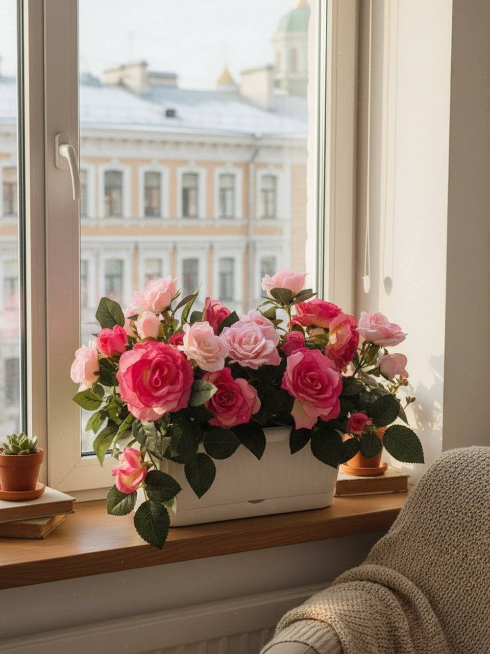Розы искусственные малиново-розовые в балконном ящике