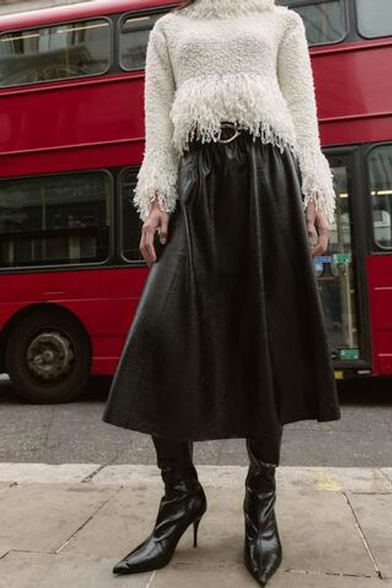 ZARA ЮБКА МИДИ С ИСКУССТВЕННЫМ КОЖАНЫМ ПОЯСОМ, ЧЕРНЫЙ