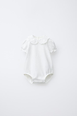 ZARA БОДИ С ВЫШИВКОЙ НА ВОРОТНИКЕ, СВЕТЛЫЙ ЭКРЮ