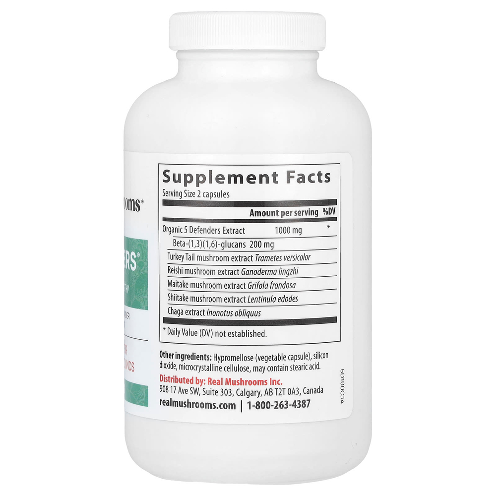 Real Mushrooms, 5 Defenders®, порошок с экстрактом грибов, 200 капсул