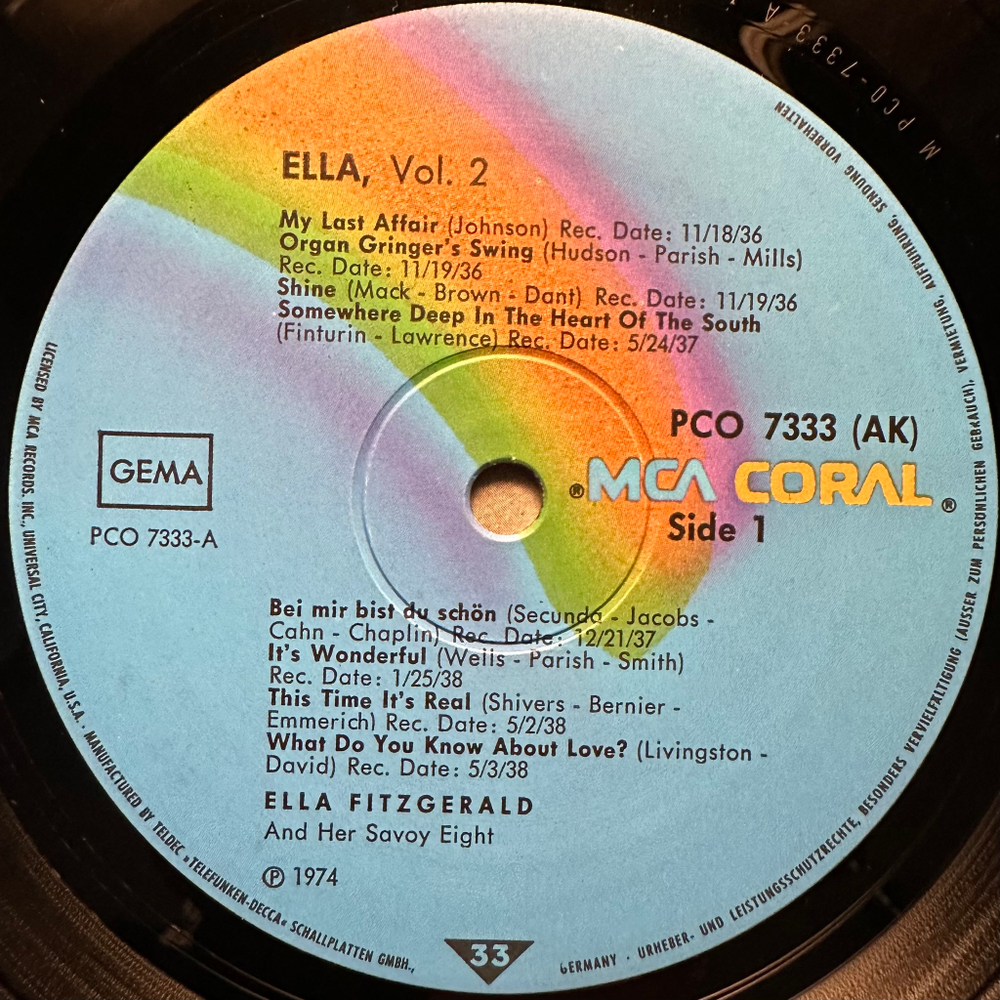 Ella Fitzgerald And Her Savoy Eight ‎– Ella Volume 2 1936 - 1939 (Германия 1974г.)