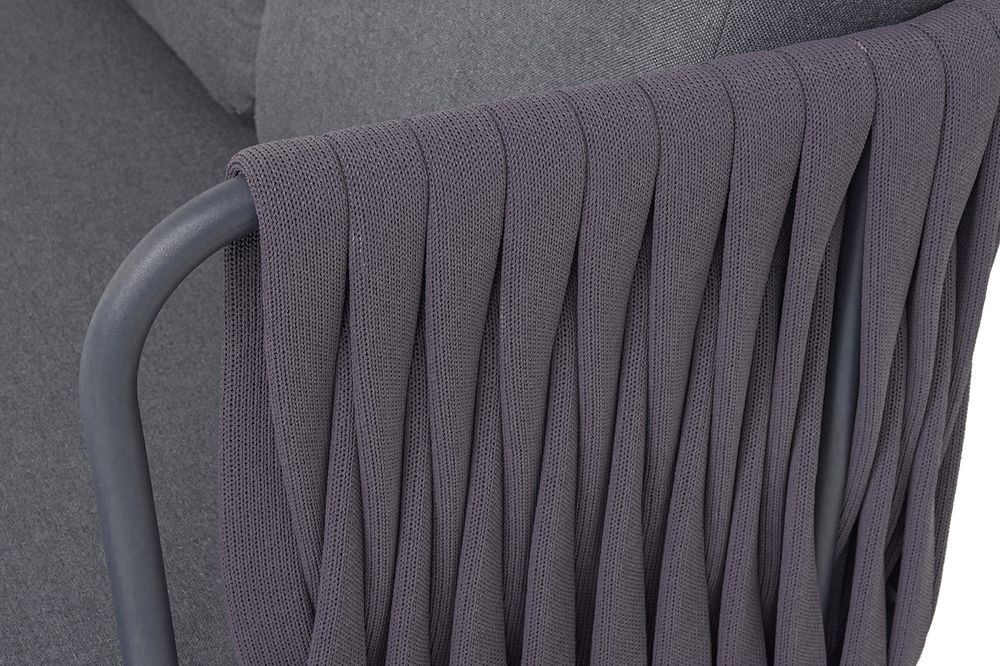 "Ронда" диван 3-местный плетеный из роупа, каркас алюминий темно-серый (RAL7024) муар, роуп серый 40 мм tex, ткань темно-серая 027
